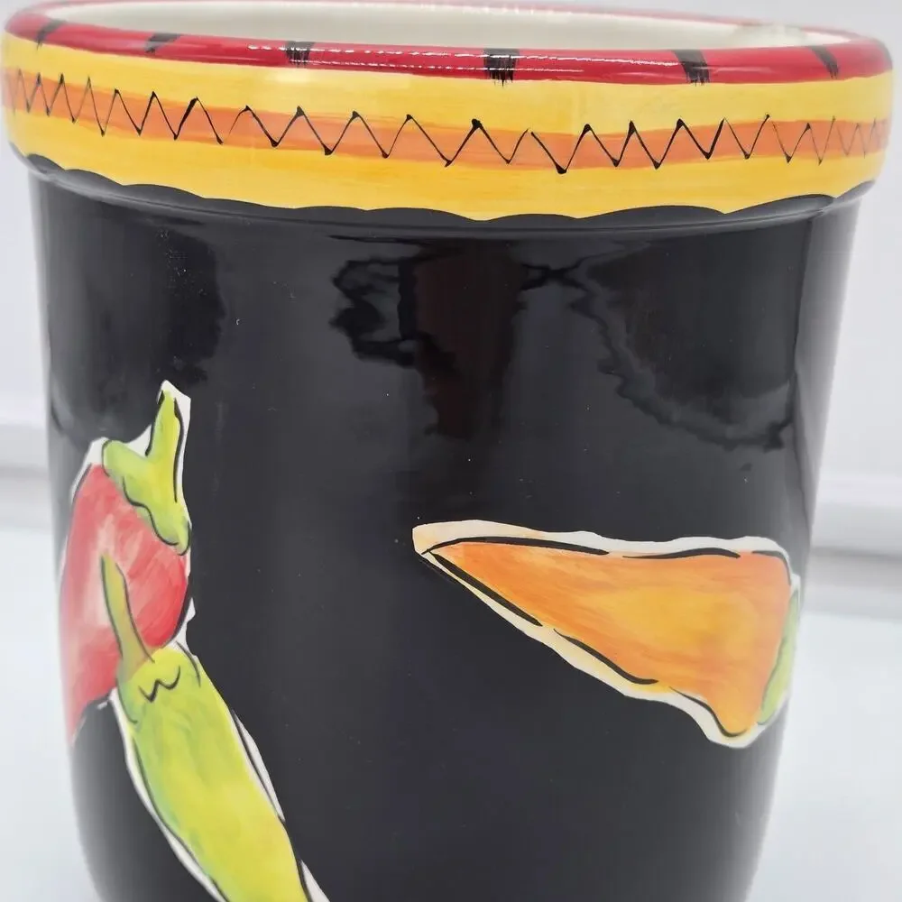 Hausenware Handpainted Clay Jalapeno Open Crock Utensil Holder Red Yellow 7x5